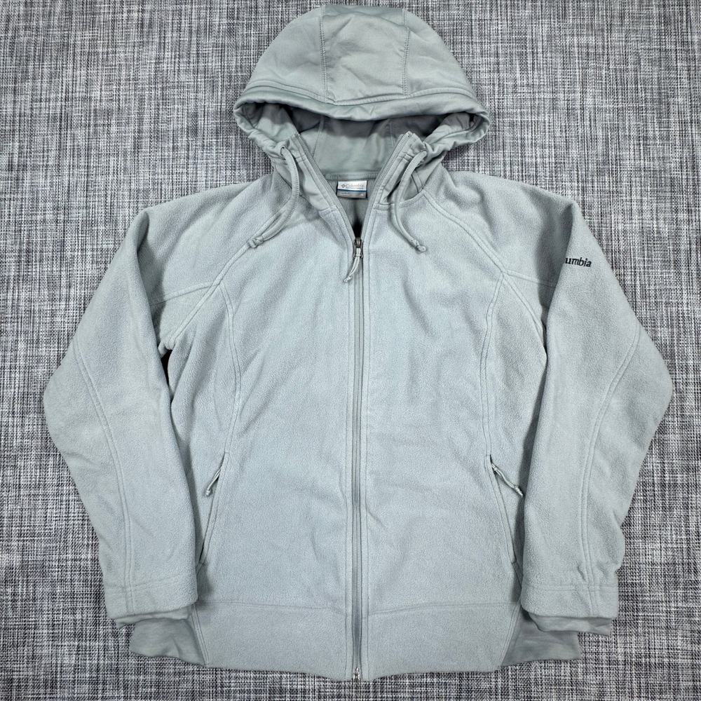 Columbia Fleece Jacket Womens XL Gray Full Zip Hooded Stretch Panels Pockets